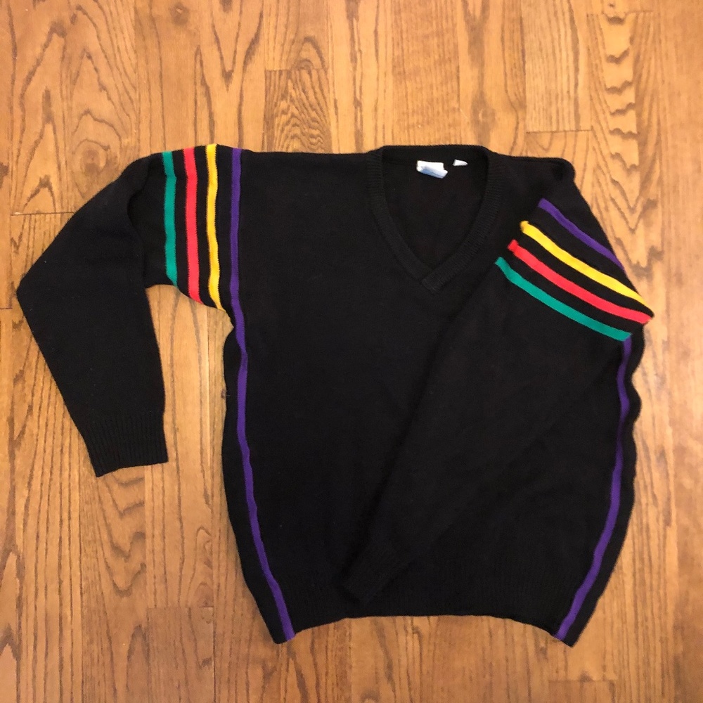 OP Black V-Neck Sweater with Green, Red, Yellow, Purple Stripes